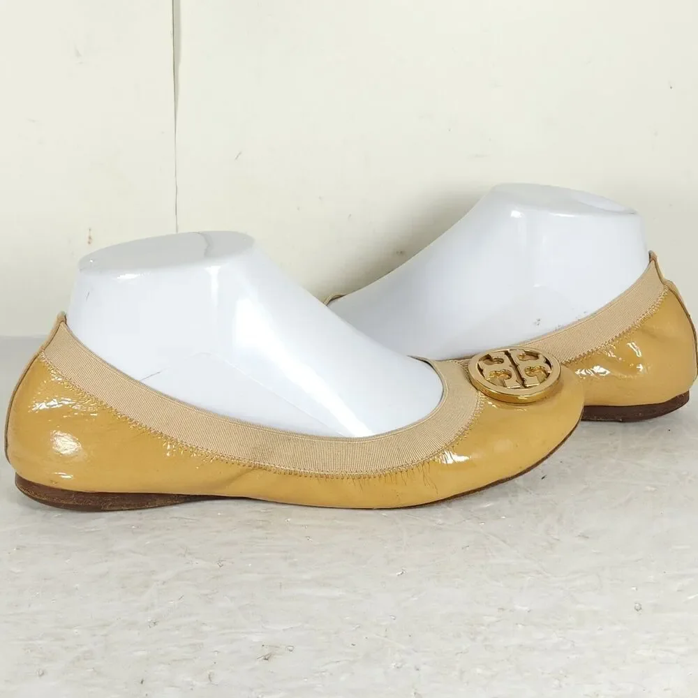 TORY BURCH Women's Caroline 2 US 8M Tan Leather Logo Slip On Ballet Flats
